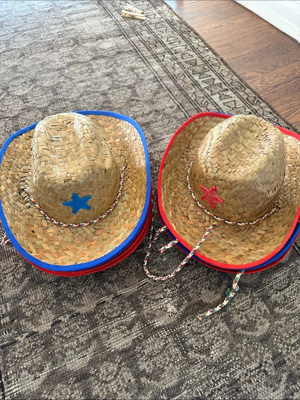 12 Kids Straw Cowboy Hat with Red or Blue Trim - Packable Toy Hat